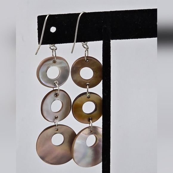 Iridescent Shell Dangle Earrings 3" Drop Triple Disc Boho Beach Jewelry Gift - Picture 7 of 10